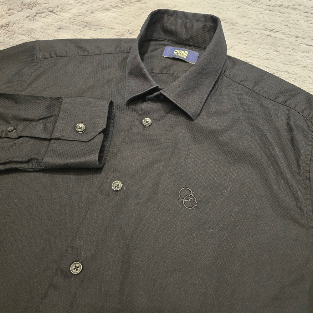 Cavalli Class Mens Black Textured Button Down Shirt OXT704 CE002 Size 43 17 L‎